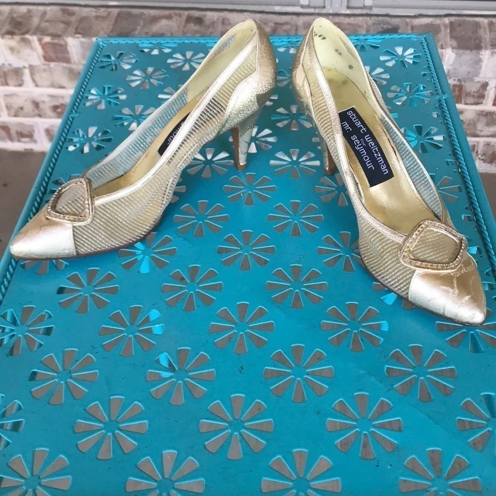 Stuart Weitzman Gold Shimmer Pointed Toe Pumps - image 8